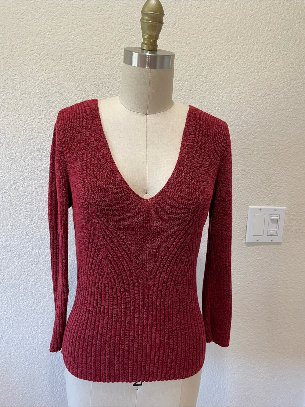 Source Unknown Deep V-Neck Ribbed Sweater in Burgundy